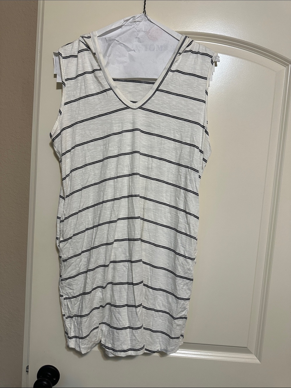 Green Envelope Cream Sleeveless V-Neck Swim Coverup with Black Stripes